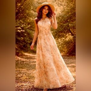 Vintage 1970’s- House of Bianchi Boston NY -Peach Floral- Bohemian Maxi Sundress